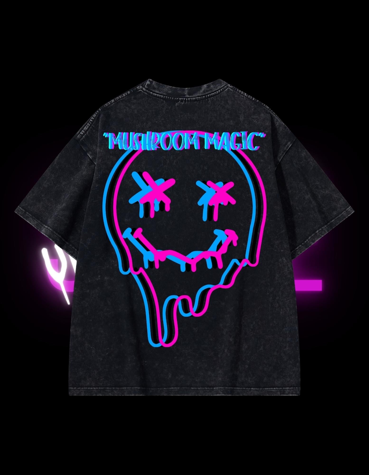 BassDropHoodies Oversized T-Shirt "Mushroom Magic", Kurzarm, Baumwolle, Einfarbig - undergroundtechnostore.de