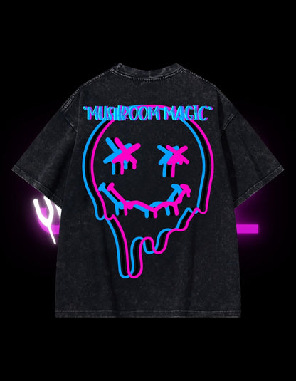 BassDropHoodies Oversized T-Shirt "Mushroom Magic", Kurzarm, Baumwolle, Einfarbig - undergroundtechnostore.de