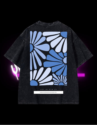 BassDropHoodies Oversized T-Shirt "Happy Flower Blue", Kurzarm, Baumwolle, Einfarbig - undergroundtechnostore.de