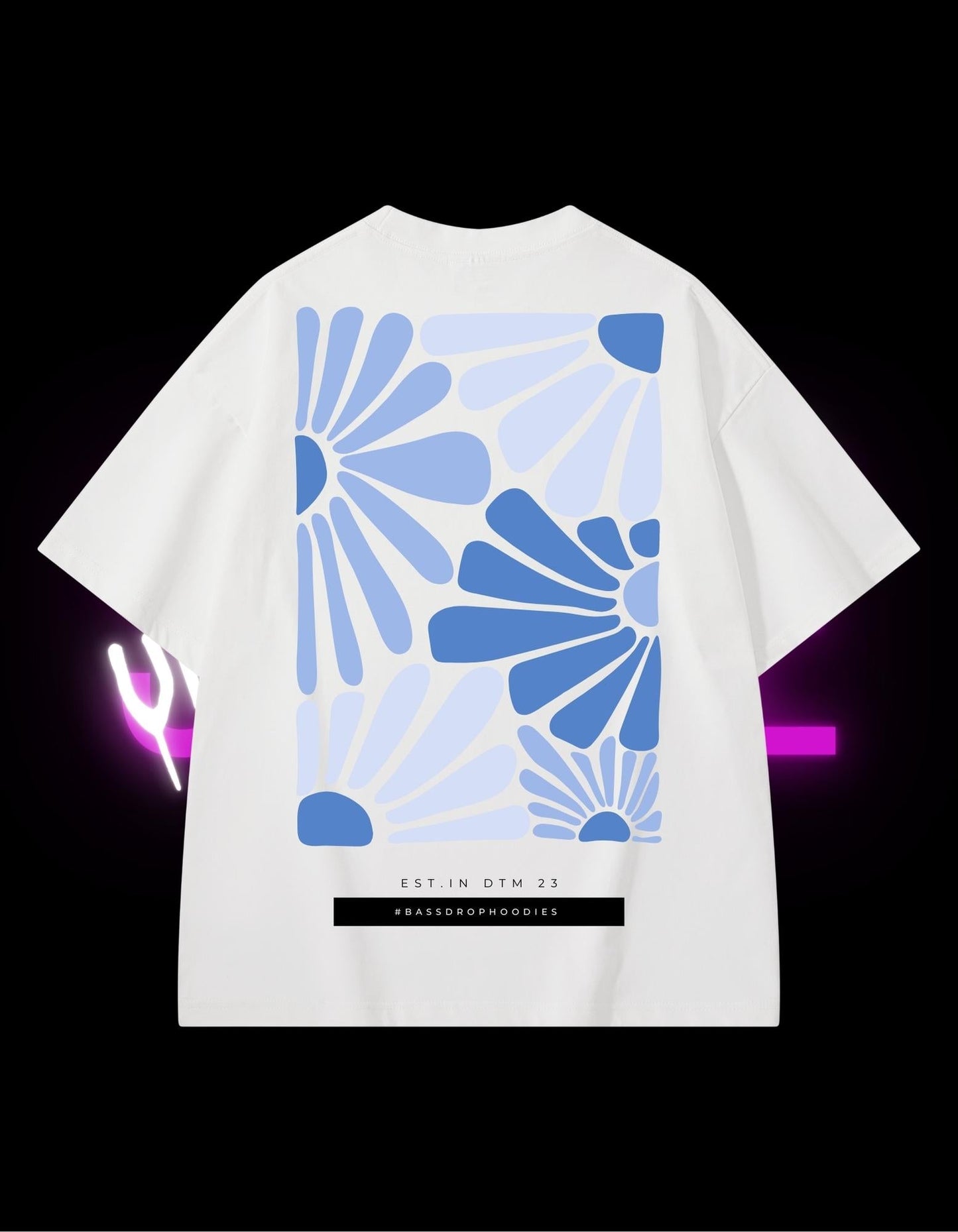 BassDropHoodies Oversized T-Shirt "Happy Flower Blue", Kurzarm, Baumwolle, Einfarbig - undergroundtechnostore.de