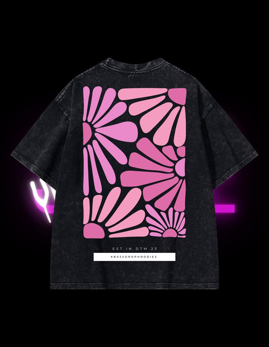 BassDropHoodies Oversized T-Shirt "Happy Flower Pink", Kurzarm, Baumwolle, Einfarbig - undergroundtechnostore.de