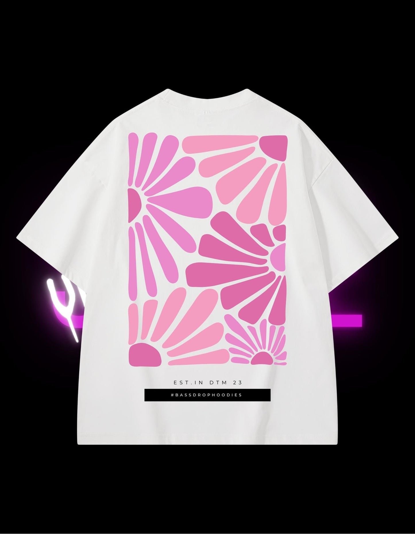 BassDropHoodies Oversized T-Shirt "Happy Flower Pink", Kurzarm, Baumwolle, Einfarbig - undergroundtechnostore.de