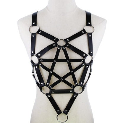 Sexy Leder Harness Strumpfbandgürtel - Sternenkörper Halskette - Gothic Party Mode Festival Outfits Schmuck - undergroundtechnostore.de