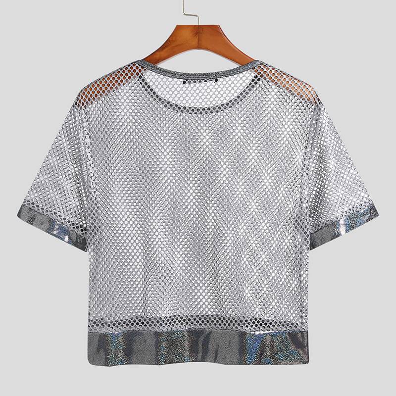 Herren T-Shirt - Durchsichtiges Netz-Patchwork - Straßenmode - Sexy O-Ausschnitt - Kurzarm Crop Tops - Atmungsaktive, Lässige Herrenbekleidung - undergroundtechnostore.de