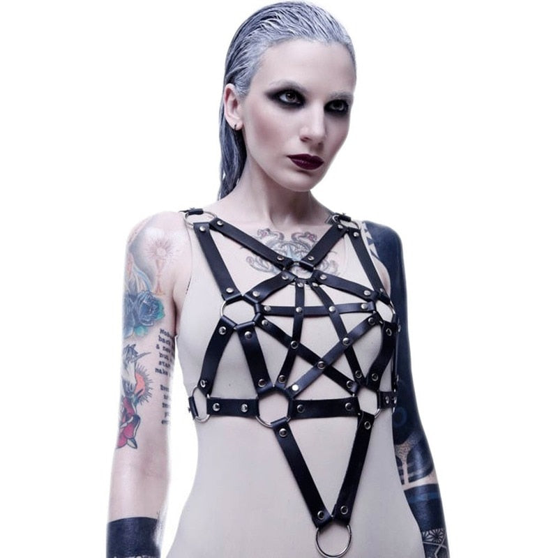 Sexy Leder Harness Strumpfbandgürtel - Sternenkörper Halskette - Gothic Party Mode Festival Outfits Schmuck - undergroundtechnostore.de