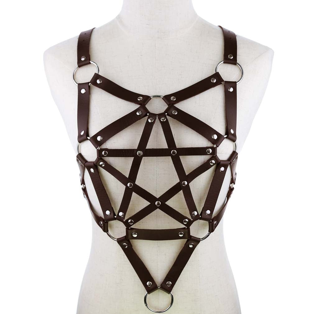 Sexy Leder Harness Strumpfbandgürtel - Sternenkörper Halskette - Gothic Party Mode Festival Outfits Schmuck - undergroundtechnostore.de