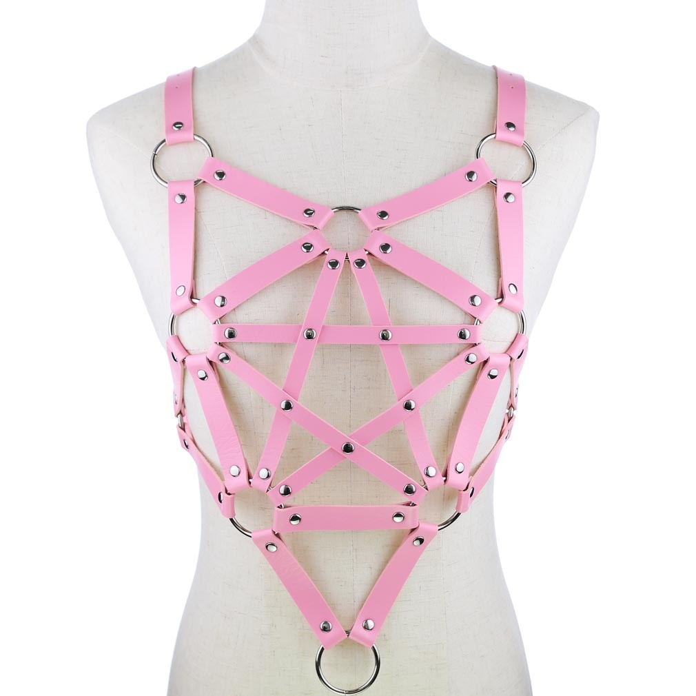 Sexy Leder Harness Strumpfbandgürtel - Sternenkörper Halskette - Gothic Party Mode Festival Outfits Schmuck - undergroundtechnostore.de