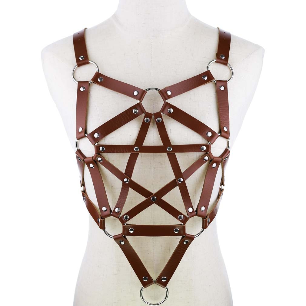 Sexy Leder Harness Strumpfbandgürtel - Sternenkörper Halskette - Gothic Party Mode Festival Outfits Schmuck - undergroundtechnostore.de