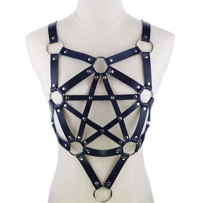 Sexy Leder Harness Strumpfbandgürtel - Sternenkörper Halskette - Gothic Party Mode Festival Outfits Schmuck - undergroundtechnostore.de