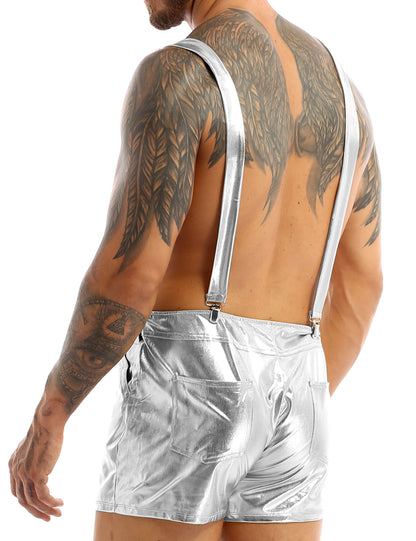 Herren Modische Glänzende Metallische Latzhose - Trägerkurze Hose - Promi, Club, Rave Festival Kleidung - Jazz, Hip Hop, Pole Dance Shorts - undergroundtechnostore.de