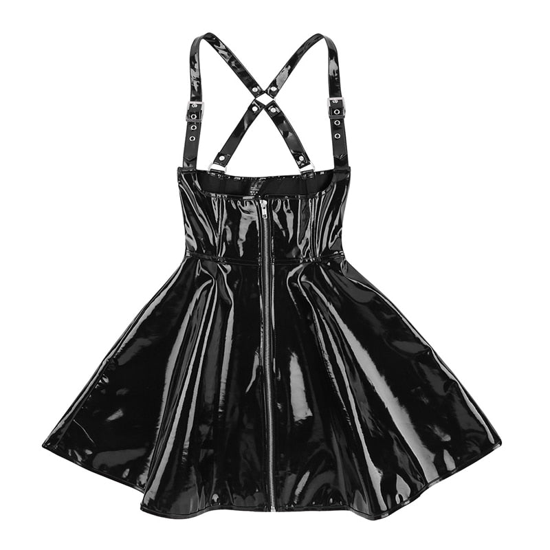 Damen Korsett-Kleid Schwarz, Wetlook Lackleder mit Frontreißverschluss und X-Rücken, Mode im Gothic Steampunk Vintage Stil für Club und Party - undergroundtechnostore.de