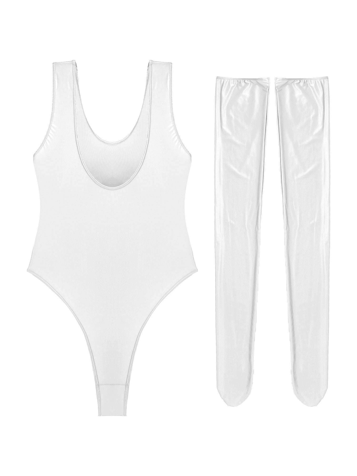 Glanzvoller Bodysuit für Damen, Stretch-Badeanzug inklusive Strümpfe, Körperbetonter Einteiler mit O-Ausschnitt und hohem Beinausschnitt - undergroundtechnostore.de