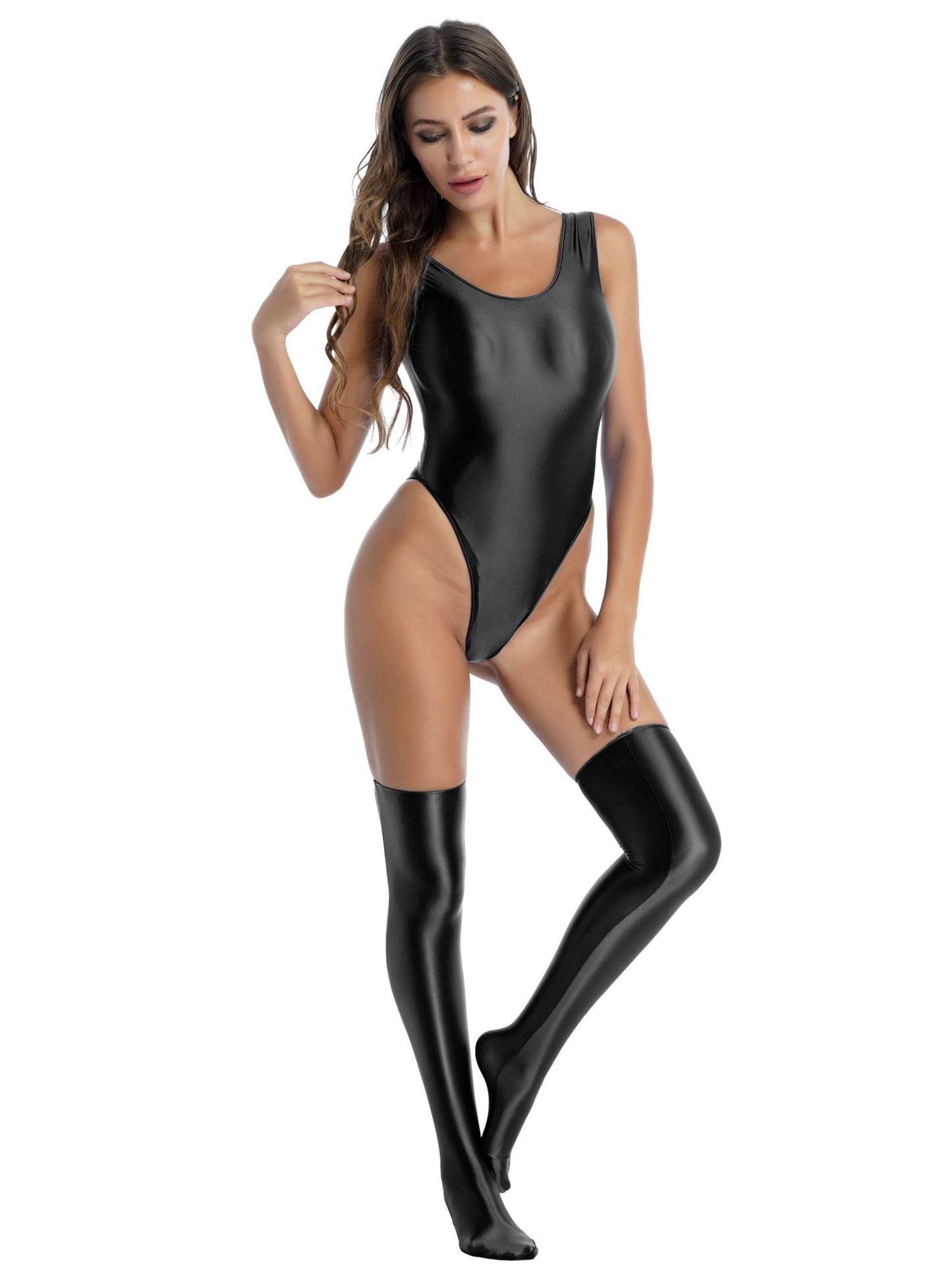 Glanzvoller Bodysuit für Damen, Stretch-Badeanzug inklusive Strümpfe, Körperbetonter Einteiler mit O-Ausschnitt und hohem Beinausschnitt - undergroundtechnostore.de