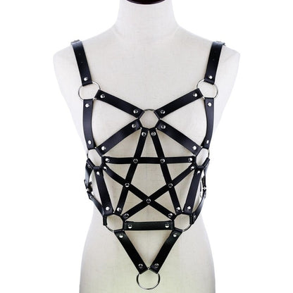 Sexy Leder Harness Strumpfbandgürtel - Sternenkörper Halskette - Gothic Party Mode Festival Outfits Schmuck - undergroundtechnostore.de