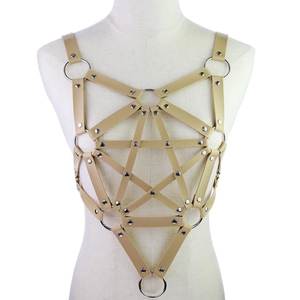 Sexy Leder Harness Strumpfbandgürtel - Sternenkörper Halskette - Gothic Party Mode Festival Outfits Schmuck - undergroundtechnostore.de