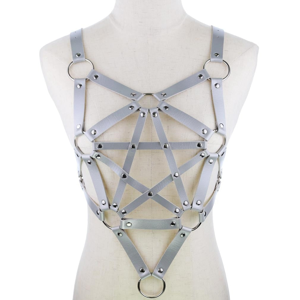 Sexy Leder Harness Strumpfbandgürtel - Sternenkörper Halskette - Gothic Party Mode Festival Outfits Schmuck - undergroundtechnostore.de