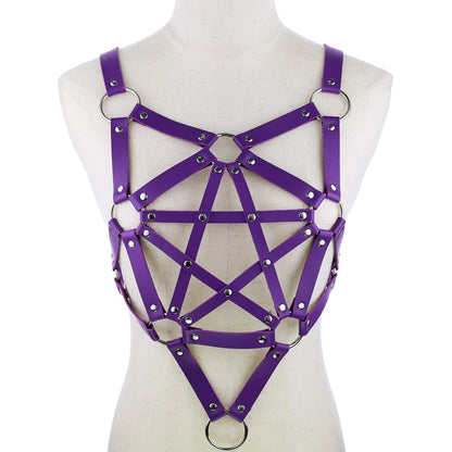 Sexy Leder Harness Strumpfbandgürtel - Sternenkörper Halskette - Gothic Party Mode Festival Outfits Schmuck - undergroundtechnostore.de