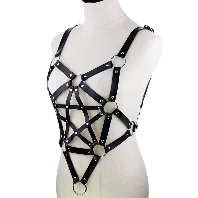 Sexy Leder Harness Strumpfbandgürtel - Sternenkörper Halskette - Gothic Party Mode Festival Outfits Schmuck - undergroundtechnostore.de