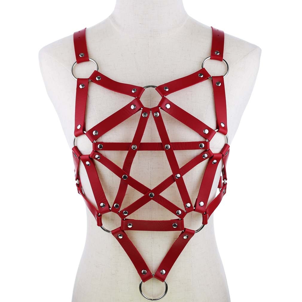 Sexy Leder Harness Strumpfbandgürtel - Sternenkörper Halskette - Gothic Party Mode Festival Outfits Schmuck - undergroundtechnostore.de