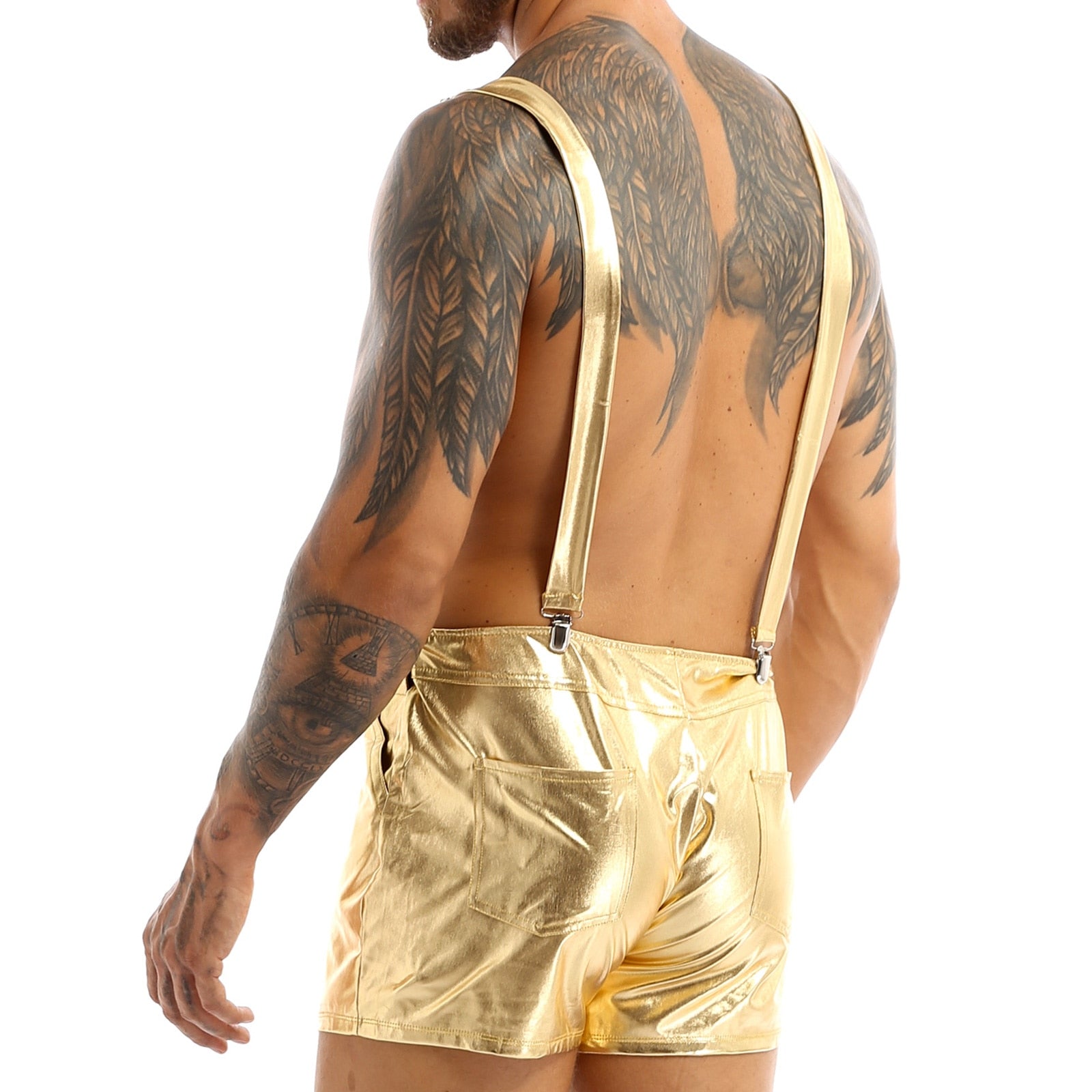 Herren Modische Glänzende Metallische Latzhose - Trägerkurze Hose - Promi, Club, Rave Festival Kleidung - Jazz, Hip Hop, Pole Dance Shorts - undergroundtechnostore.de