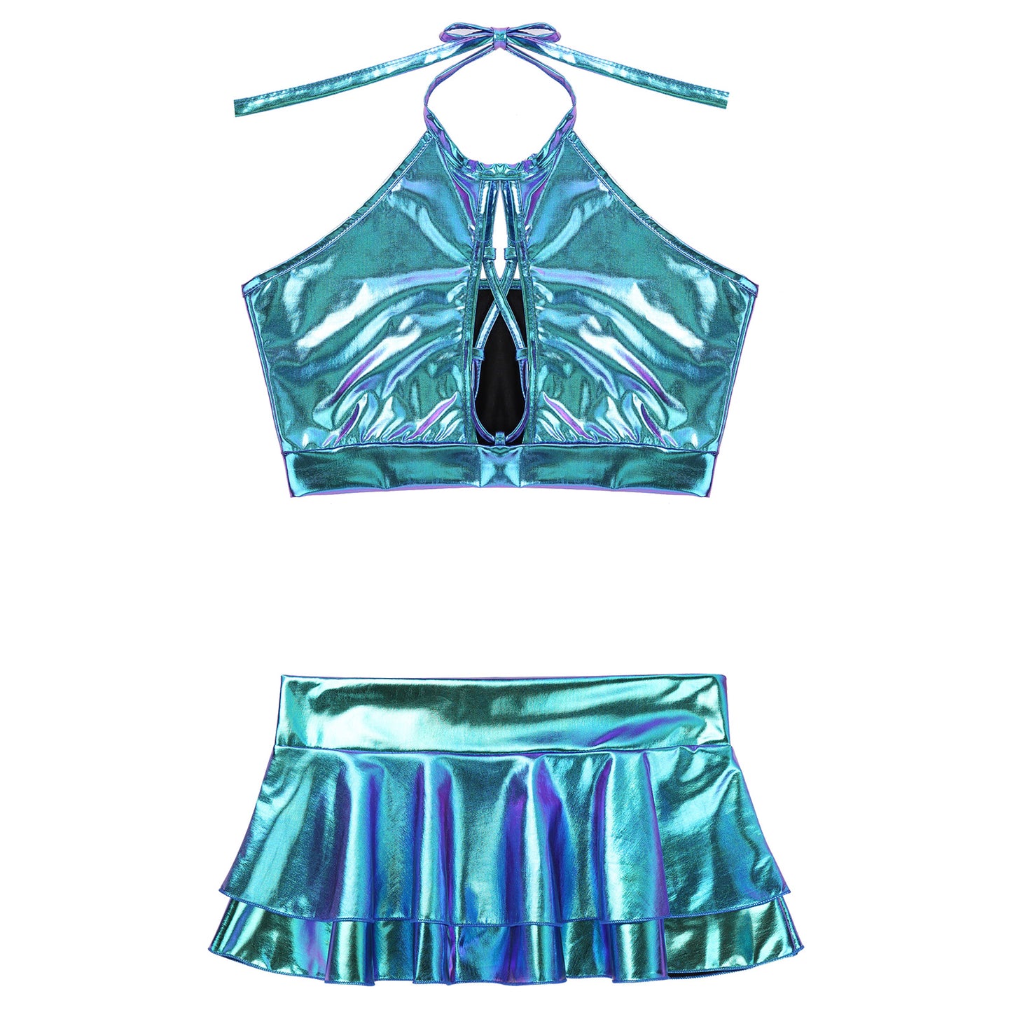 Damen Pole Dance Kleidung | Glänzendes Festival Outfit | Neckholder Crop Top mit Kunstleder-Minirock-Set - undergroundtechnostore.de