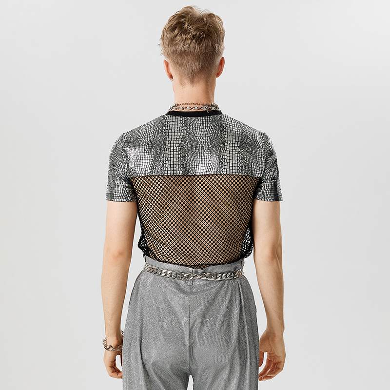 Herren T-Shirt 2023, Netz-Patchwork, transparent und glänzend, Streetwear, Rundhalsausschnitt, kurzärmeliges sexy Party-Fashion-Oberteil - undergroundtechnostore.de