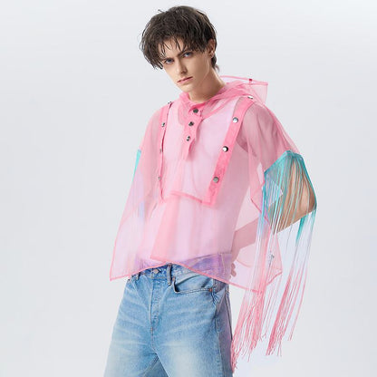 Herren T-Shirt mit Netz und Quastenverzierung, Kapuze, unregelmäßigem Kurzarm, transparenter Streetwear-Poncho - undergroundtechnostore.de