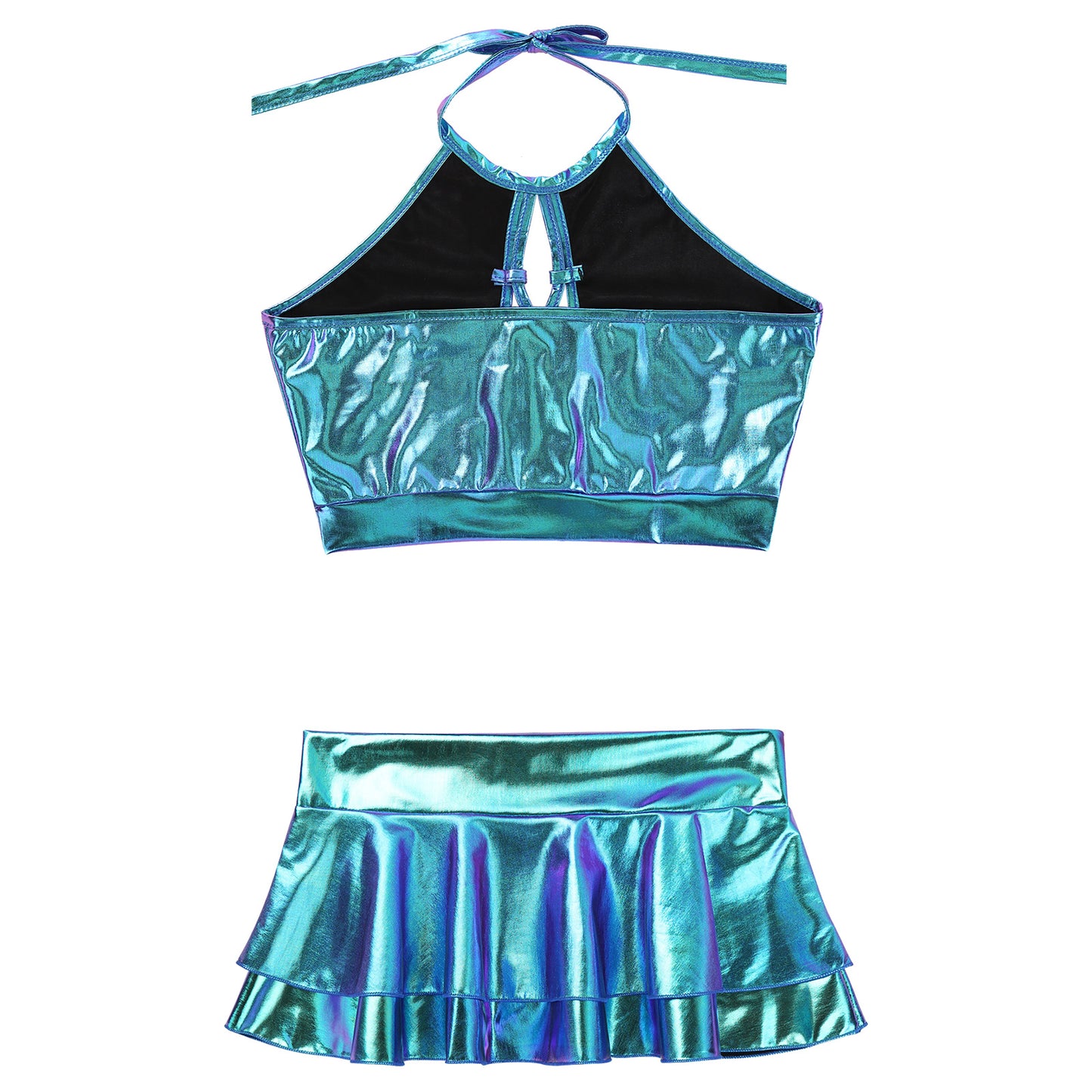 Damen Pole Dance Kleidung | Glänzendes Festival Outfit | Neckholder Crop Top mit Kunstleder-Minirock-Set - undergroundtechnostore.de