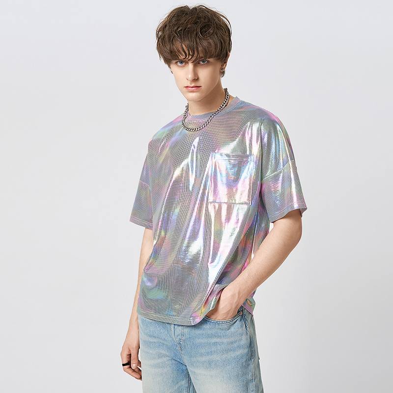 Herren T-Shirt 2023, glänzender Rundhalsausschnitt, kurzärmlige Streetwear, lockeres Modell, Sommer-T-Shirt mit Taschen, Party Casual Oberteil - undergroundtechnostore.de