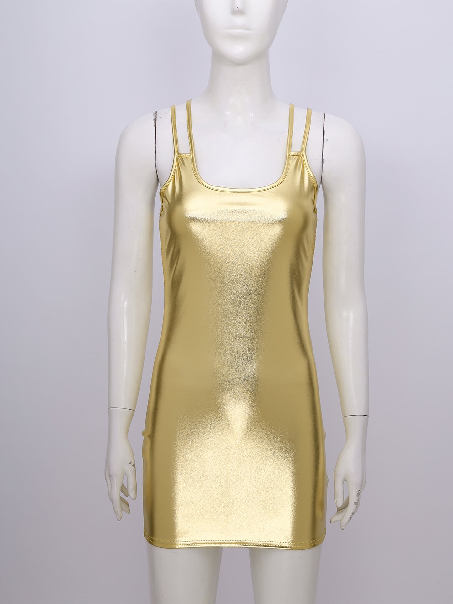 Damen Metallic Bodycon Minikleid | Glänzendes Lacklederkleid mit Spaghetti-Trägern | Clubwear und Party-Outfit - undergroundtechnostore.de