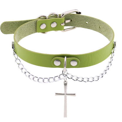 Harajuku-Gothic-Kreuzkette Anhänger Halskette - Verstellbares PU-Leder Choker für Damen und Herren - Hip-Hop-Underground-Schmuck - undergroundtechnostore.de