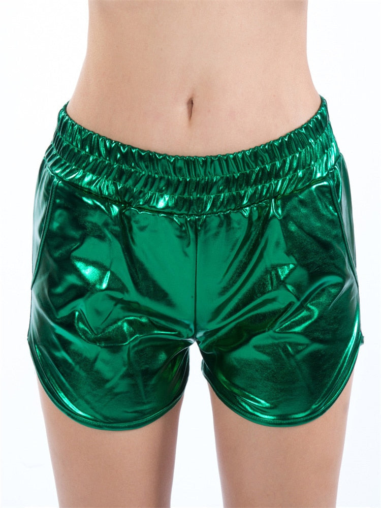 Glänzende, Metallic-Damen-Shorts in Hoch-Taille für Club und Party – Gold, Silber, Schwarz, Grün - undergroundtechnostore.de