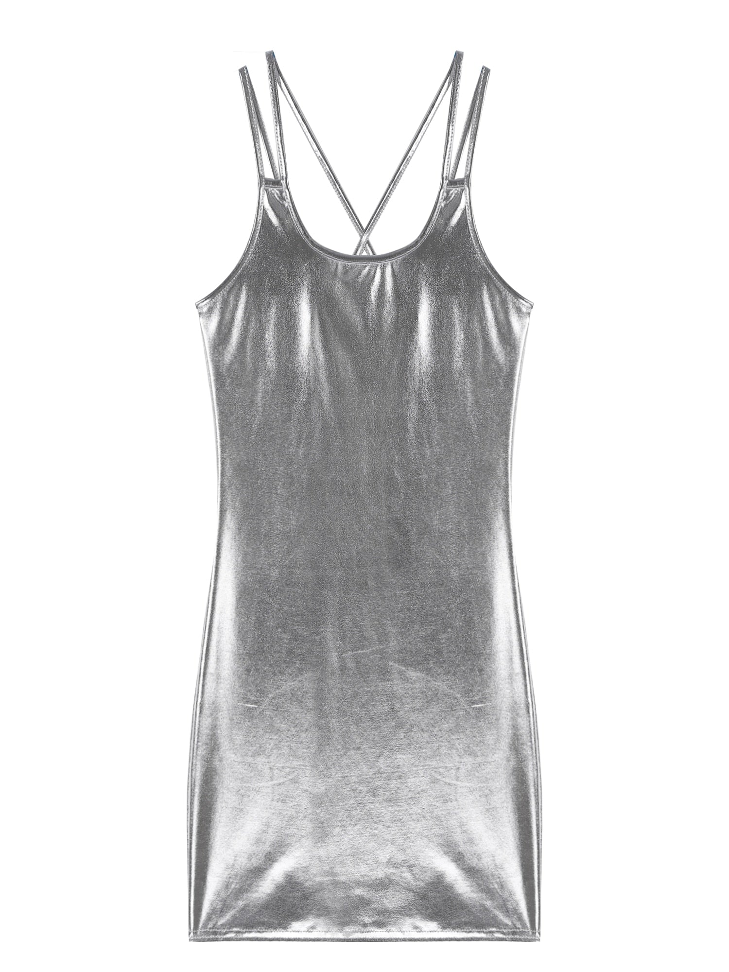 Damen Metallic Bodycon Minikleid | Glänzendes Lacklederkleid mit Spaghetti-Trägern | Clubwear und Party-Outfit - undergroundtechnostore.de