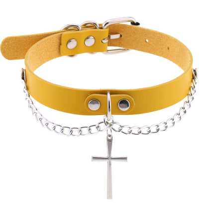 Harajuku-Gothic-Kreuzkette Anhänger Halskette - Verstellbares PU-Leder Choker für Damen und Herren - Hip-Hop-Underground-Schmuck - undergroundtechnostore.de