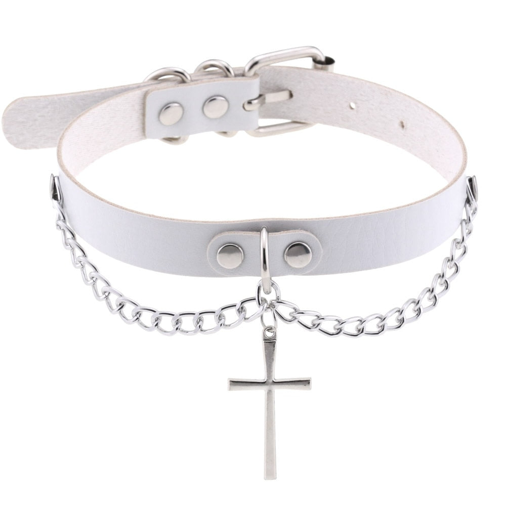 Harajuku-Gothic-Kreuzkette Anhänger Halskette - Verstellbares PU-Leder Choker für Damen und Herren - Hip-Hop-Underground-Schmuck - undergroundtechnostore.de