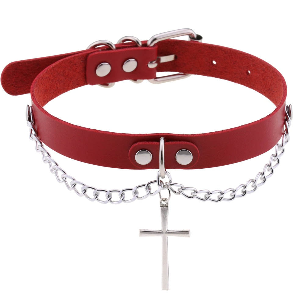 Harajuku-Gothic-Kreuzkette Anhänger Halskette - Verstellbares PU-Leder Choker für Damen und Herren - Hip-Hop-Underground-Schmuck - undergroundtechnostore.de