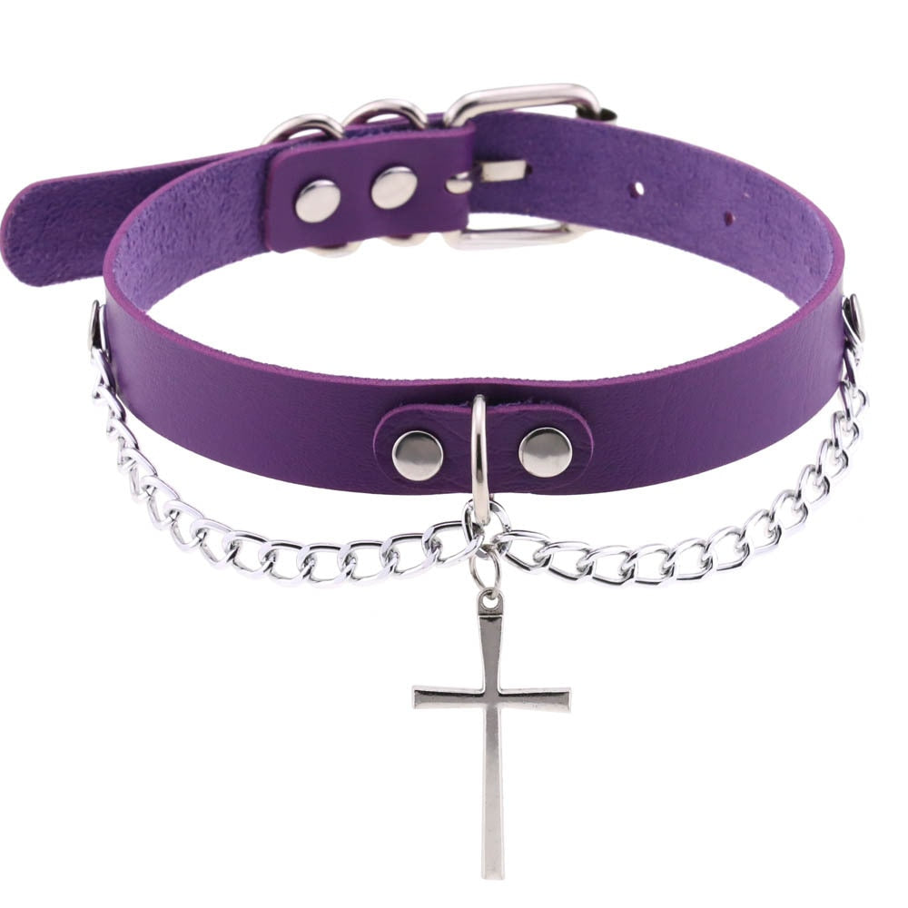 Harajuku-Gothic-Kreuzkette Anhänger Halskette - Verstellbares PU-Leder Choker für Damen und Herren - Hip-Hop-Underground-Schmuck - undergroundtechnostore.de