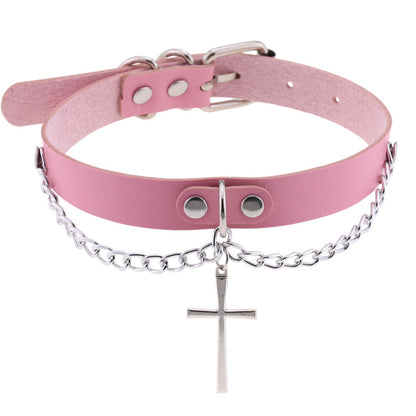 Harajuku-Gothic-Kreuzkette Anhänger Halskette - Verstellbares PU-Leder Choker für Damen und Herren - Hip-Hop-Underground-Schmuck - undergroundtechnostore.de