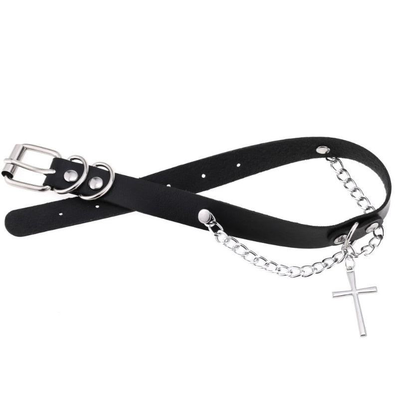 Harajuku-Gothic-Kreuzkette Anhänger Halskette - Verstellbares PU-Leder Choker für Damen und Herren - Hip-Hop-Underground-Schmuck - undergroundtechnostore.de