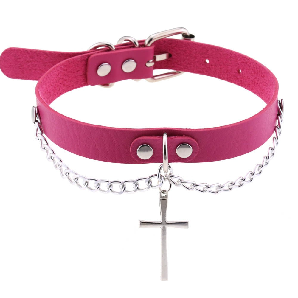 Harajuku-Gothic-Kreuzkette Anhänger Halskette - Verstellbares PU-Leder Choker für Damen und Herren - Hip-Hop-Underground-Schmuck - undergroundtechnostore.de