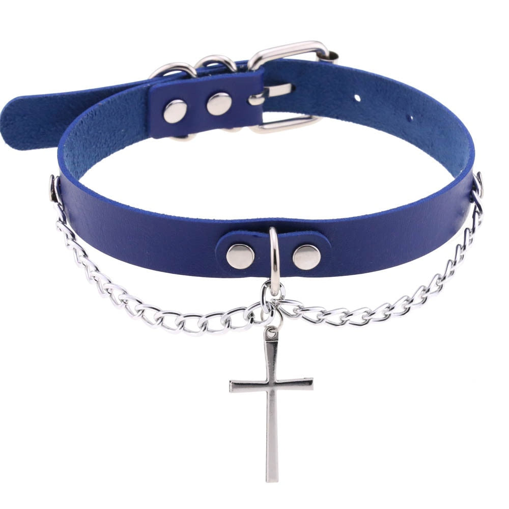 Harajuku-Gothic-Kreuzkette Anhänger Halskette - Verstellbares PU-Leder Choker für Damen und Herren - Hip-Hop-Underground-Schmuck - undergroundtechnostore.de