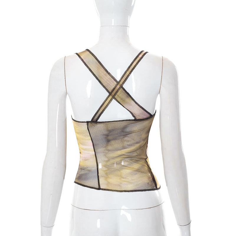 Y2K Print durchsichtiges Mesh-Tanktop im Grunge-Stil – Transparentes, figurbetontes Crop-Top - undergroundtechnostore.de