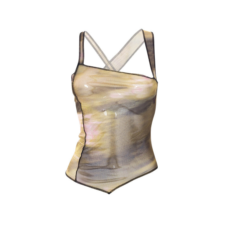 Y2K Print durchsichtiges Mesh-Tanktop im Grunge-Stil – Transparentes, figurbetontes Crop-Top - undergroundtechnostore.de