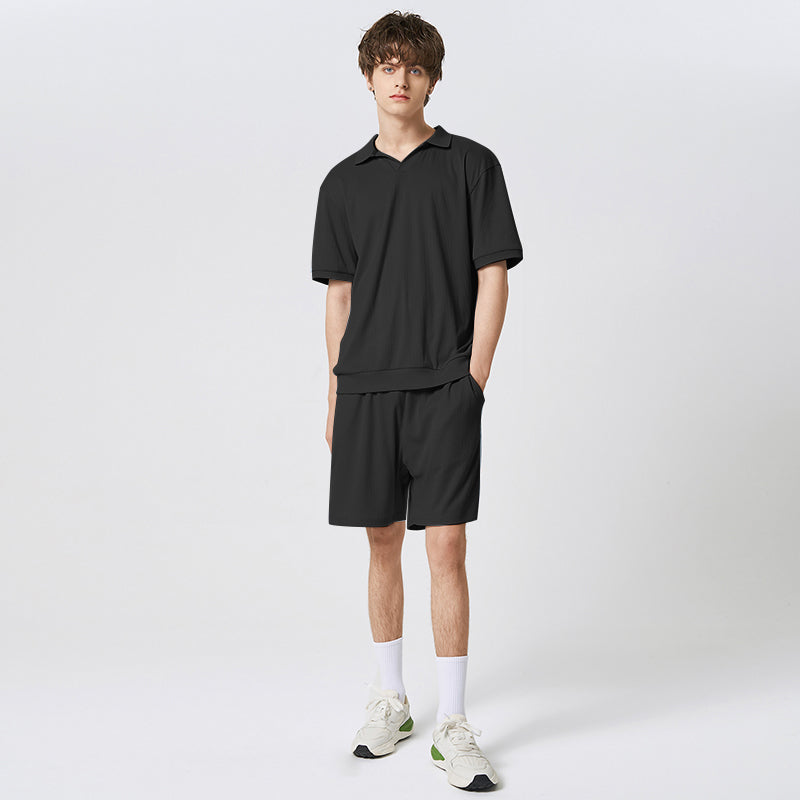 Herren-Set in einfarbigem Streetwear-Stil: Kurzarm-Hemd mit Revers & elastische Shorts - 2-teiliges, modisches, lässiges Outfit - undergroundtechnostore.de