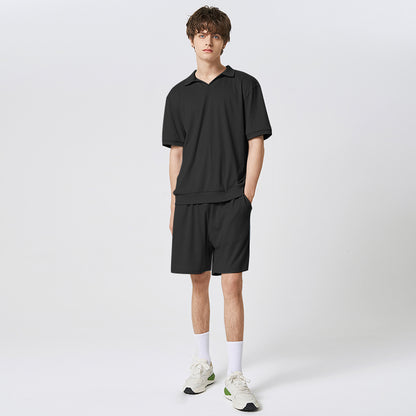 Herren-Set in einfarbigem Streetwear-Stil: Kurzarm-Hemd mit Revers & elastische Shorts - 2-teiliges, modisches, lässiges Outfit - undergroundtechnostore.de