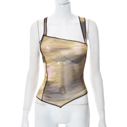 Y2K Print durchsichtiges Mesh-Tanktop im Grunge-Stil – Transparentes, figurbetontes Crop-Top - undergroundtechnostore.de