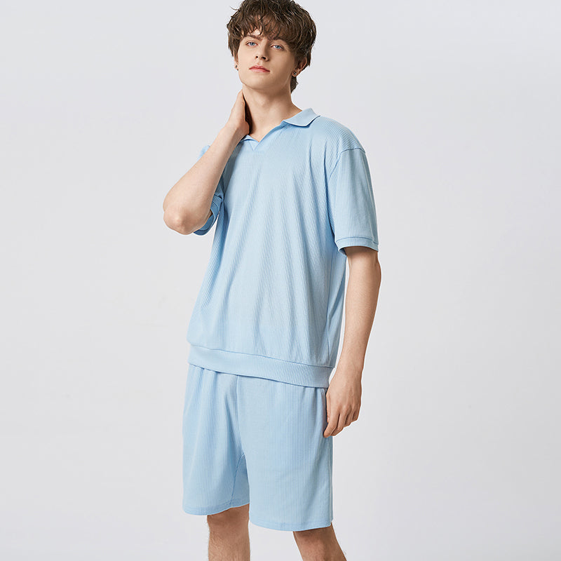 Herren-Set in einfarbigem Streetwear-Stil: Kurzarm-Hemd mit Revers & elastische Shorts - 2-teiliges, modisches, lässiges Outfit - undergroundtechnostore.de