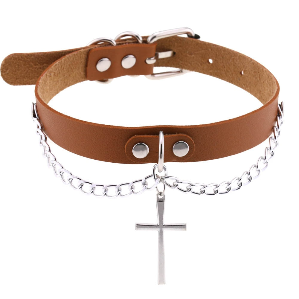 Harajuku-Gothic-Kreuzkette Anhänger Halskette - Verstellbares PU-Leder Choker für Damen und Herren - Hip-Hop-Underground-Schmuck - undergroundtechnostore.de