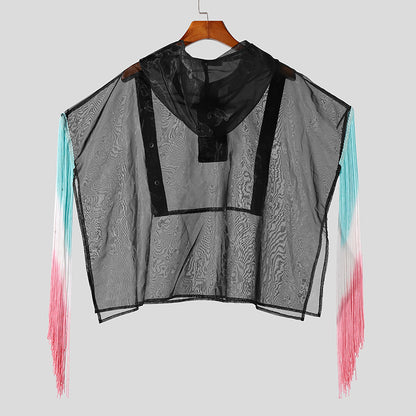 Herren T-Shirt mit Netz und Quastenverzierung, Kapuze, unregelmäßigem Kurzarm, transparenter Streetwear-Poncho - undergroundtechnostore.de