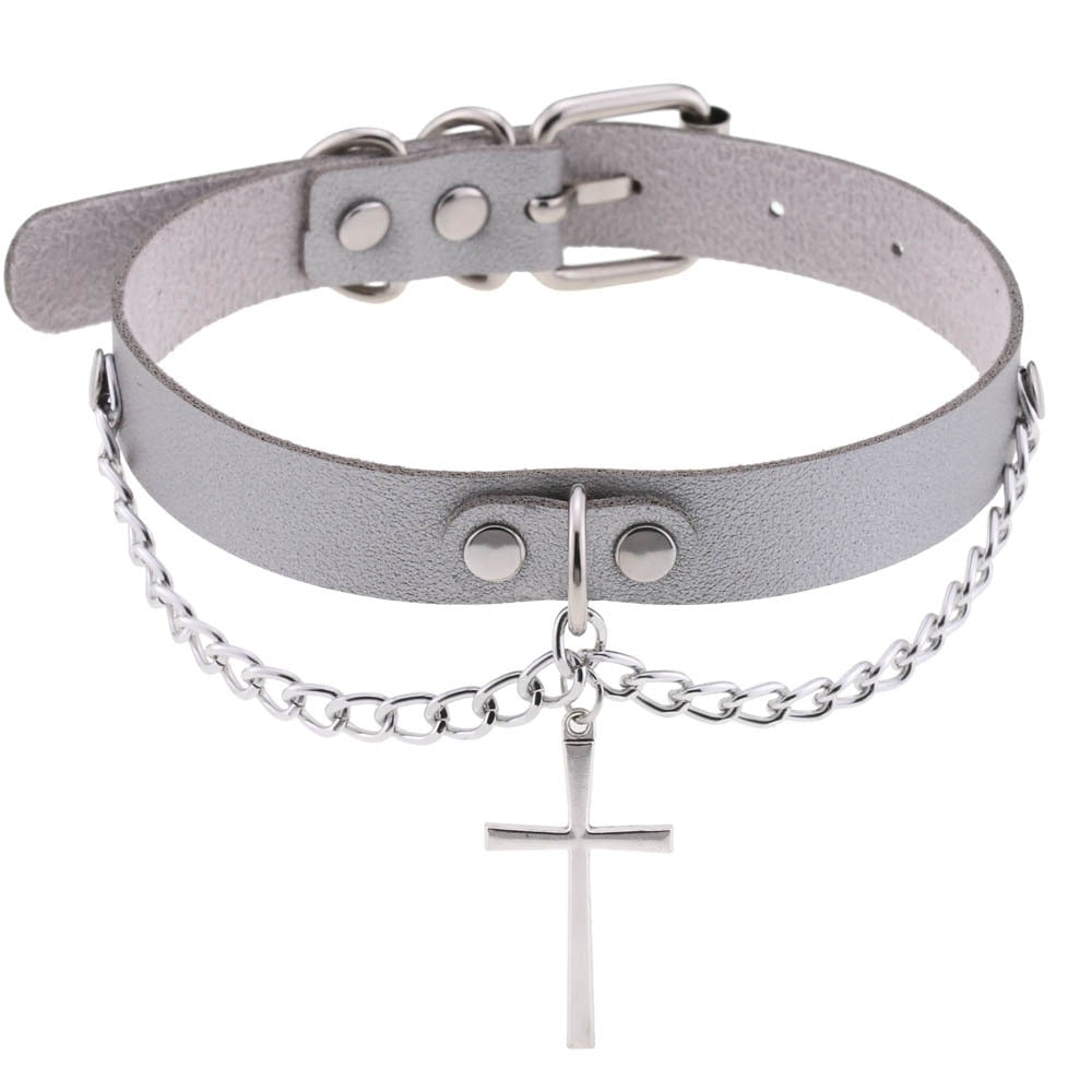 Harajuku-Gothic-Kreuzkette Anhänger Halskette - Verstellbares PU-Leder Choker für Damen und Herren - Hip-Hop-Underground-Schmuck - undergroundtechnostore.de